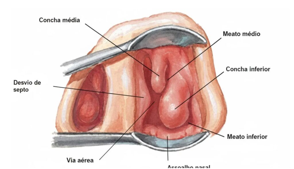 Ilustração da anatomia da cavidade nasal mostrando os cornetos nasais