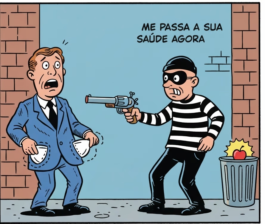 Ilustração de ladrão representando a apneia do sono roubando a saúde de uma pessoa